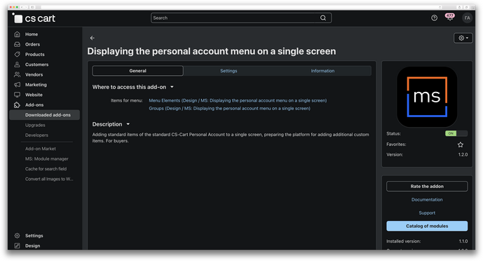 Displaying the personal account menu on a single screen, image , 2 image