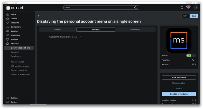 Displaying the personal account menu on a single screen, image , 3 image