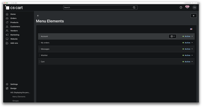 Displaying the personal account menu on a single screen, image , 4 image